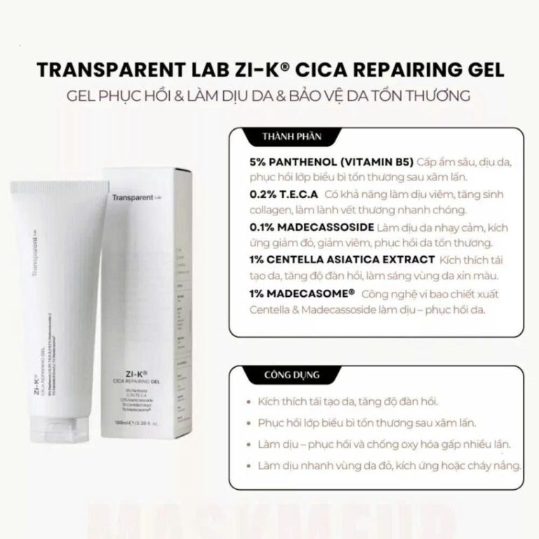 Gel phục hồi chuyên sâu Zi-K Cica Transparent 100ML làm dịu và phục hồi hàng rào ẩm cho da