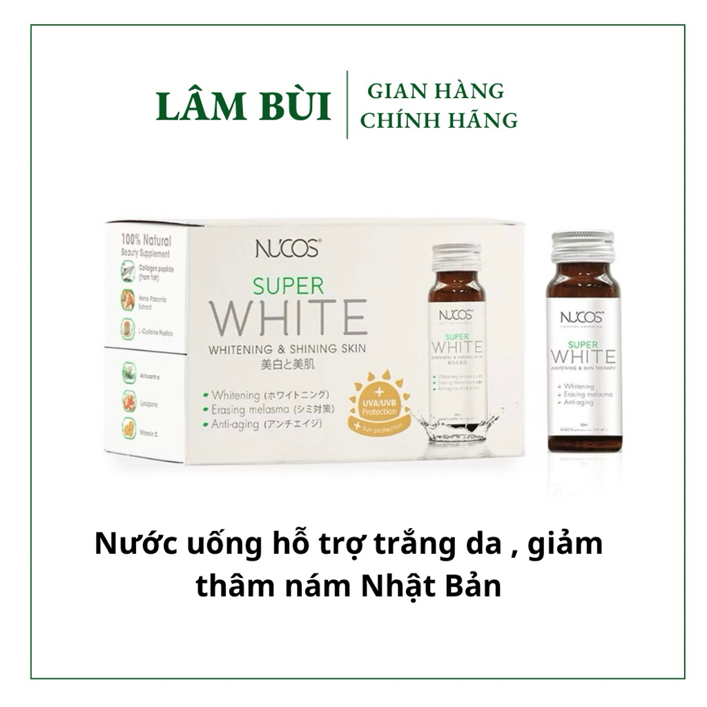 Nước Uống Collagen Nucos Super White Hỗ Trợ Dưỡng Trắng Da Hỗ Trợ Mờ Thâm Nám Hộp 10 chai x 50ml